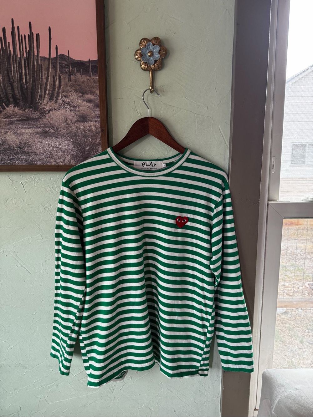 Commes de garcon Play | Heart Striped Cotton T-Shirt XL green and white striped